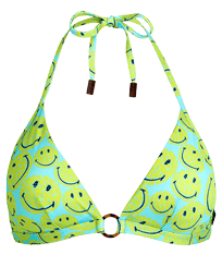 Women Fitted Printed - Women Halter Bikini Top Turtles Smiley - Vilebrequin x Smiley®, Lazulii blue front view