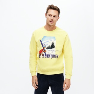 Men Cotton Sweatshirt Turtle Skier Snow and Sun Buttercup yellow front worn view