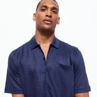 Men Others Solid - Unisex Linen Bowling Shirt Solid, Navy details view 3