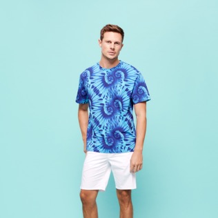 Herren Andere Bedruckt - Men Cotton T-Shirt Tie & Dye Nautilius Print, Aquamarin blau Vorderseite getragene Ansicht