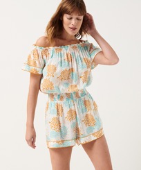Women Others Printed - Women Playsuit Iridescent Flowers of Joy- Vilebrequin x Poupette St Barth, Terracotta front worn view