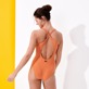 Women One piece Solid - Crossed Back Straps Women One-piece Swimsuit Plumes Jacquard, Terracotta back worn view
