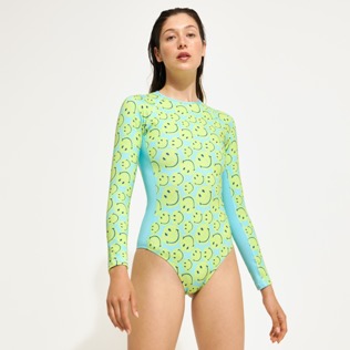 Women One piece Printed - Women Rashguard Long-Sleeves One-Piece swimsuit Turtles Smiley - Vilebrequin x Smiley®, Lazulii blue details view 4