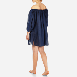 Mujer Vestido Bordado - Vestido en gasa de lino liso con escote bardot para mujer, Azul marino backworn Mujer Vestido Bordado - Vestido en gasa de lino liso con escote bardot para mujer, Azul marino backworn