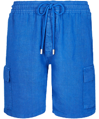 Men Others Solid - Men Linen Bermuda Shorts cargo pockets, Sea blue front view