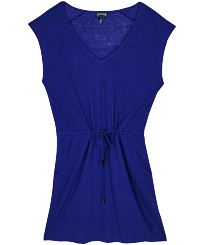 Women Linen V collar Dress Solid Purple blue front view