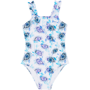 Girls Fitted Printed - Girls One-piece Swimsuit Flash Flowers, Purple blue front view