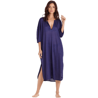 Femme AUTRES Uni - Robe de Plage Femme en Lin Uni, Bleu nuit frontworn Femme AUTRES Uni - Robe de Plage Femme en Lin Uni, Bleu nuit frontworn