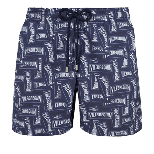 Hombre Clásico Estampado - Bañador con estampado Vilebrequin Labels para hombre, Azul marino front Hombre Clásico Estampado - Bañador con estampado Vilebrequin Labels para hombre, Azul marino front