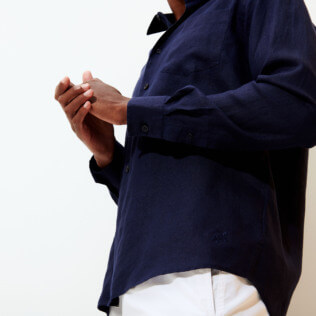Hombre Autros Liso - Camisa de lino lisa para hombre, Azul marino detalles vista 3