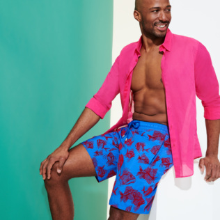 Picture of Men Long classic Printed - Men Swim Trunks Long 2018 Prehistoric Fish Flocked, Sea blue details view 3 Picture of Men Long classic Printed - Men Swim Trunks Long 2018 Prehistoric Fish Flocked, Sea blue details view 3