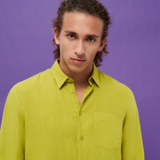 男款 Others 纯色 - 男士纯色亚麻衬衫, Matcha 细节视图1