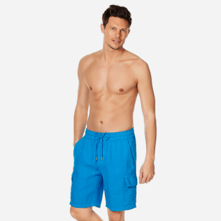 Men Others Solid - Men Cargo Linen Bermuda Shorts Solid, Hawaii blue frontworn Men Others Solid - Men Cargo Linen Bermuda Shorts Solid, Hawaii blue frontworn