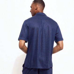 Uomo Altri Unita - Unisex Linen Jersey Bowling Shirt Solid, Blu marine vista indossata posteriore