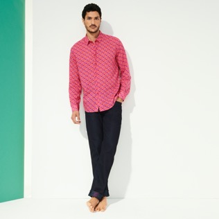 Picture of Men Others Printed - Men Cotton Voile Summer Shirt Micro Ronde Des Tortues, Shocking pink details view 1 Picture of Men Others Printed - Men Cotton Voile Summer Shirt Micro Ronde Des Tortues, Shocking pink details view 1