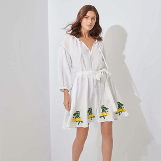 Mujer Autros Bordado - Vestido de lino con estampado Lemons para mujer, Blanco frontworn Mujer Autros Bordado - Vestido de lino con estampado Lemons para mujer, Blanco frontworn