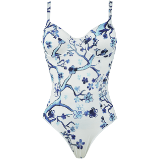Damen Einteiler Bedruckt - Cherry Blossom Badeanzug mit V-Ausschnitt für Damen, Sea blue Vorderansicht
