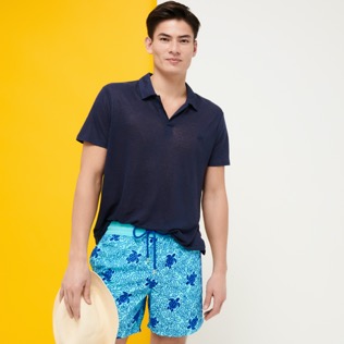 Men Classic Printed - Men Swimwear Turtles Splash Flocked, Lazulii blue details view 3