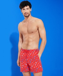 Men Embroidered Embroidered - Men Embroidered Swim Shorts Micro Ronde Des Tortues - Limited Edition, Poppy red front worn view
