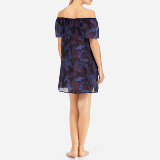 Mujer Vestido Estampado - Vestido de manga corta con estampado Camouflage Turtles y escote Bardot, Ciruela backworn Mujer Vestido Estampado - Vestido de manga corta con estampado Camouflage Turtles y escote Bardot, Ciruela backworn