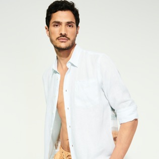 Imagen de Hombre Autros Estampado - Camisa de lino con estampado Père & Fils para hombre, Cielo 2 detalles vista 3 Imagen de Hombre Autros Estampado - Camisa de lino con estampado Père & Fils para hombre, Cielo 2 detalles vista 3