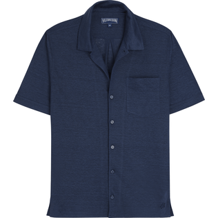 Herren Andere Uni - Unisex Linen Jersey Bowling Shirt Solid, Marineblau Vorderansicht