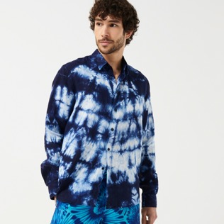 Men Others Printed - Men Bowling Shirt Linen and Cotton Fonds Marins Tie & Dye, Navy details view 7