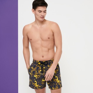 Men Classic Printed - Men Swimwear Hidden Fishes, Lemon front worn view
