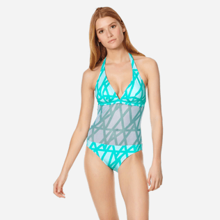 Women One piece Graphic - Women One Piece Swimsuit Halter Ribbon Bicolor, Veronese green frontworn Women One piece Graphic - Women One Piece Swimsuit Halter Ribbon Bicolor, Veronese green frontworn
