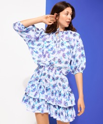 Damen Andere Bedruckt - Kurzes Flash Flowers Rüschenkleid aus Baumwolle für Damen, Purple blue Vorderseite getragene Ansicht