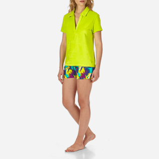 Women Others Solid - Women Terry Cloth Polo shirt Solid, Chartreuse frontworn Women Others Solid - Women Terry Cloth Polo shirt Solid, Chartreuse frontworn