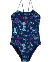 Girls Others Printed - Girls One Piece Swimsuit Rabbits and Poodles - Vilebrequin x Florence Broadhurst, Navy front view