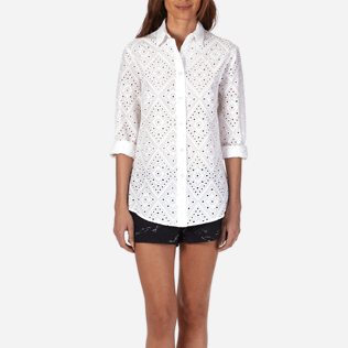 Mujer Camisetas Bordado - Camisa de algodón anudada alrededor del cuello con bordado de troquelado para mujer, Blanco supp5 Mujer Camisetas Bordado - Camisa de algodón anudada alrededor del cuello con bordado de troquelado para mujer, Blanco supp5