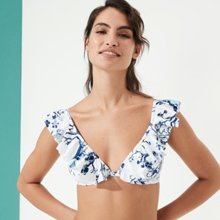 Women Underwire Printed - Women Ruffle Bikini Top Cherry Blossom, Sea blue front worn view