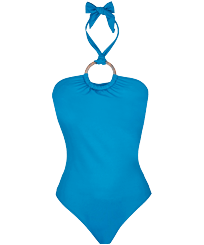 Women One-piece Swimsuit Low Back Solid Scuba blue front view