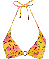 Mujer Fitted Estampado - Top de bikini anudado al cuello con estampado Monsieur André para mujer - Vilebrequin x Smiley®, Limon vista frontal