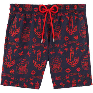 Herren Klassische Moorea Bestickt - Badeshorts mit aufgesticktem Tattoomotiv, Marineblau front Herren Klassische Moorea Bestickt - Badeshorts mit aufgesticktem Tattoomotiv, Marineblau front