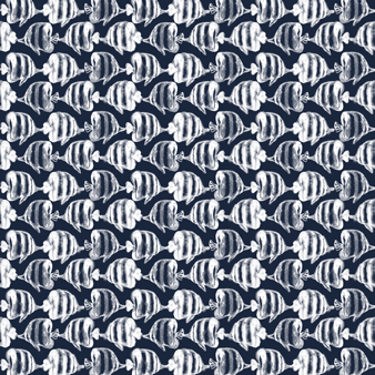 Camicia unisex estiva in voile di cotone Batik Fishes, Blu marine stampe