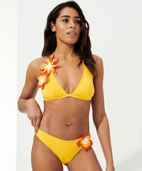 Mujer Braguitas Bordado - Braguita de bikini de talle medio con estampado Fleurs 3D para mujer, Yellow vista frontal desgastada