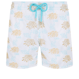 Men Classic Embroidered - Men Swim Trunks Embroidered Iridescent Flowers of Joy - Limited Edition, White front view