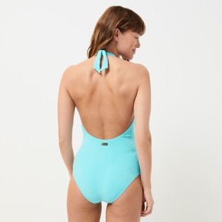 女款 Fitted 纯色 - 女士 Plumes Jacquard 挂脖式连体泳衣, Lazulii blue 背面穿戴视图