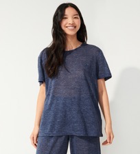 Men Others Solid - Unisex Linen Jersey T-Shirt Solid, Navy heather women front worn view