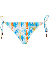Damen Fitted Bedruckt - Palms & Stripes Bikinihose zum Binden für Damen – Vilebrequin x The Beach Boys, Weiss Vorderansicht
