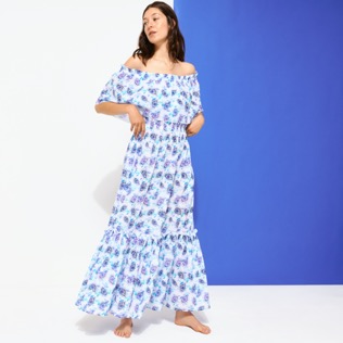 Damen Andere Bedruckt - Langes, schulterfreies Flash Flowers Kleid aus Baumwolle für Damen, Purple blue Vorderseite getragene Ansicht