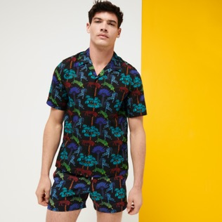 Men Others Printed - Men Bowling Shirt Linen and Cotton Tiger Leap, Black front worn view