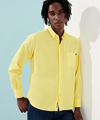 Men Others Solid - Men Corduroy Shirt Solid, Lemon front worn view