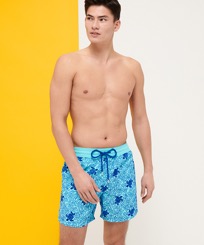 Men Classic Printed - Men Swimwear Turtles Splash Flocked, Lazulii blue front worn view