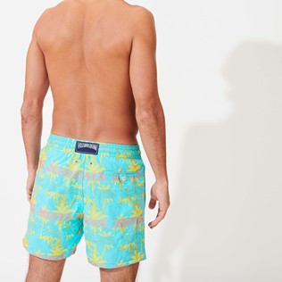Men Classic Embroidered - Men Swim Trunks Embroidered 1990 Striped Palms - Limited Edition, Lazulii blue back worn view
