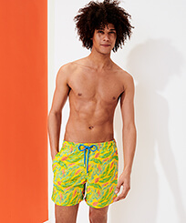 Men Classic Embroidered - Men Swim Trunks Embroidered Leaves in the wind - Limited Edition, Safran front worn view