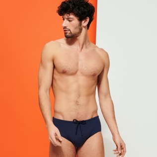 Men Fitted Solid - Men Fitted Swim Brief Solid, Navy front worn view